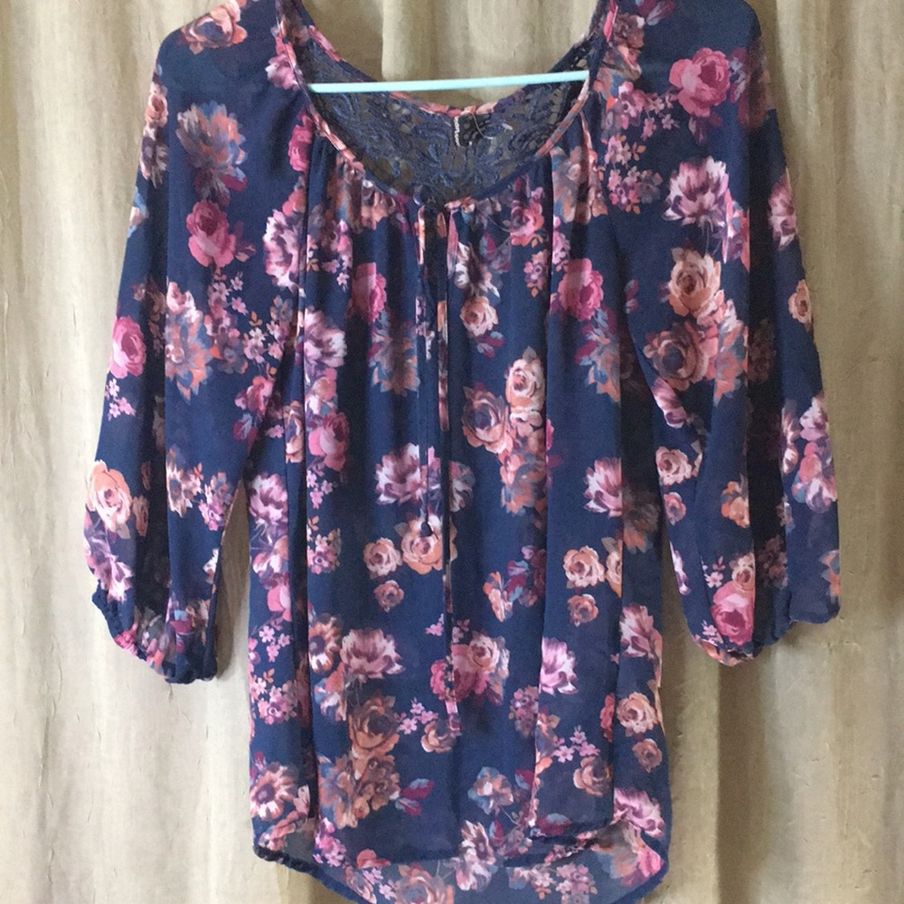 Heart and Soul  Blue Lace Blouse with Pink Flowers